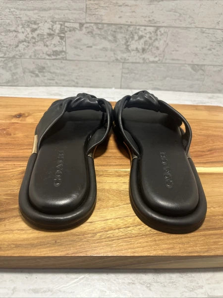 COACH Brooklyn Black Leather Knot Bow Flat Slides Sandals Sz 6 B - New